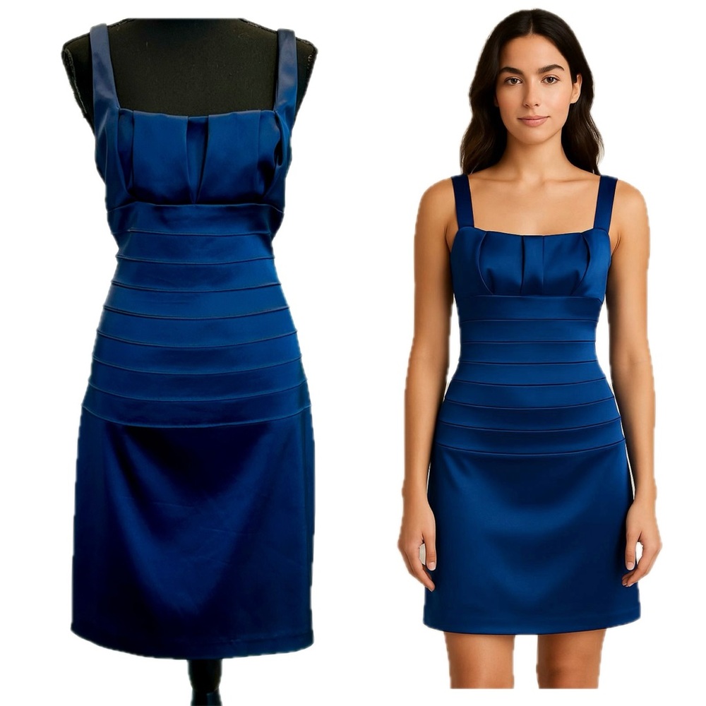 Cache midnight blue satin sleeveless tiered bodycon cocktail dress Sz 12